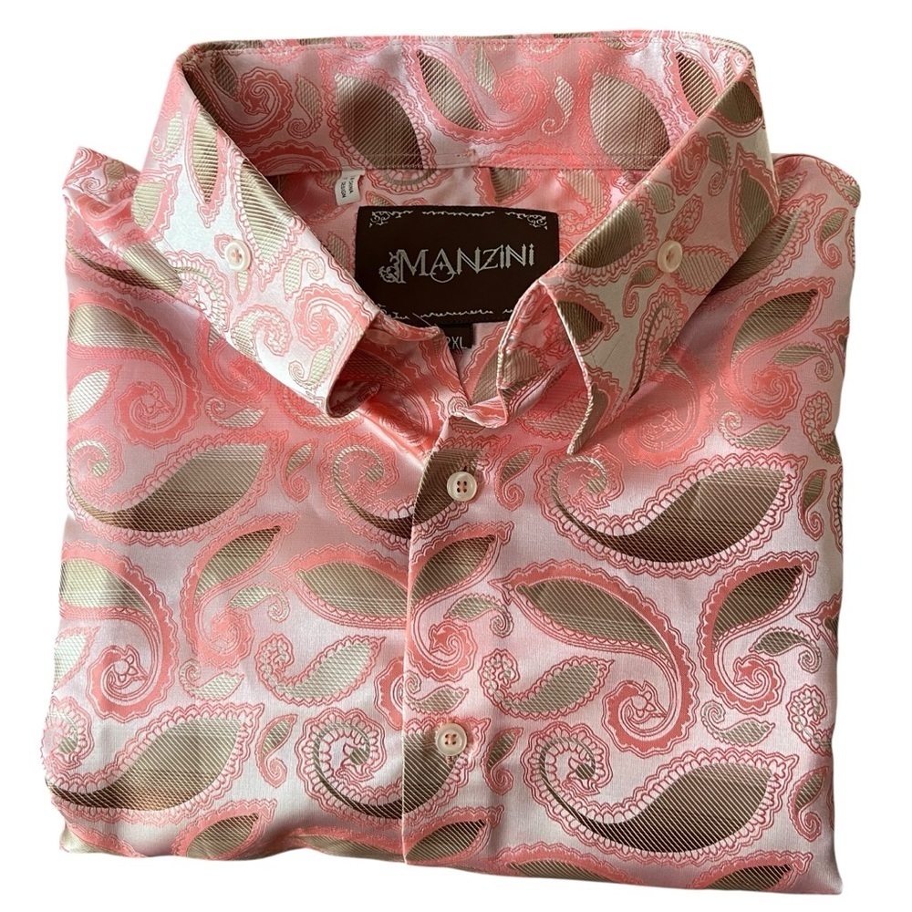 MANZINI Pink Jacquard Paisley Men’s Dress Shirt Long Sleeve Satin Italian Sz 2XL